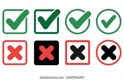 Collection featuring check marks in green outlined in squares and circles, contrasted with red crosses inside similar shapes on white background.