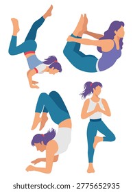 collection featuring female characters engaged in various sport activities like yoga, stretching, and strength training