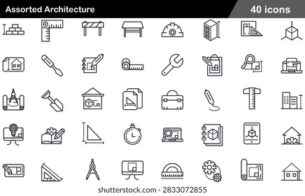 Collection featuring forty assorted architecture line icons depicting structural design, drafting tools, engineering blueprints, and building construction concepts. The artwork presents clean outline linear symbols neatly organized in a grid layout on a white backdrop. Visual concepts cover brick wall stacking, square ruler, road barrier, work table, safety hardhat, high rise dimension, blueprint triangle ruler, 3D cube projection, house schematic, screwdriver, draft notebook, measuring tape, wrench tool, clipboard inspect, magnifying glass blueprint, laptop CAD model, drawing compass, shovel spade, hanging board, paper documents, tool box, pen tool, T-square, skyscraper height, computer design, book notes, set square, stopwatch timer, tablet display, home gear, drafting pad, protractor, gear settings, rolled blueprints, and residential house structure. Designed for architectural firms, CAD drafting software, civil engineering websites, construction management platforms, and technical blueprints.