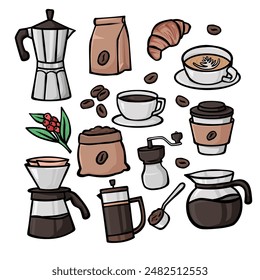 A collection of featuring handdrawn doodles of various coffee maker tools and equipment, along with related coffee ingredients. Perfect for creating charming and stylish coffee shop designs, menus