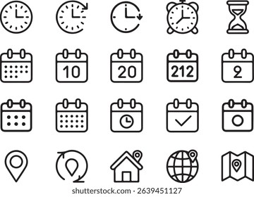 Collection featuring line icons of a clock, alarm, calendar, hourglass, and location pins, symbols. Perfect for designs where clean visual elements are required.