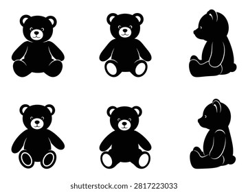 Collection featuring multiple black silhouette teddy bear figures arranged neatly upon white background, showcasing various poses, angles, artistic graphic style, minimalist design, childhood toy theme, monochrome illustration.