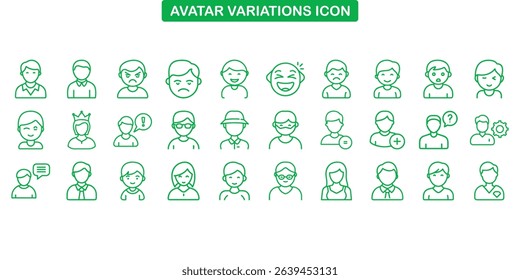 Collection featuring outlined portraits in green on transparent background. Includes male and female figures expressing various emotions and roles, designed in a minimalist style.
