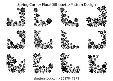 Collection featuring silhouette floral corners with blooms and leaves. Set against a clean white background, ideal for decorative design elements.