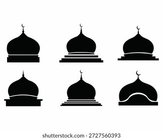 Eine Sammlung mit sechs verschiedenen Silhouetten von Moschee Kuppeln, präsentiert in zwei Reihen auf einem stark weißen Hintergrund. Jede schwarze Silhouette variiert leicht in Form und Basis-Design, bietet verschiedene Optionen für die Darstellung. Alle Kuppeln sind mit dem ikonischen Halbmond und Sternsymbol, die islamischen Glauben. Diese minimalistischen Designs eignen sich ideal als Symbole, Logos oder grafische Elemente, die mit dem Ramadan, dem Id, der islamischen Kultur oder religiösen Orten in Zusammenhang stehen.