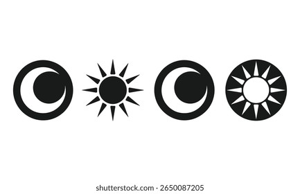 Collection featuring sun and moon icons, presenting contrasting elements. Ideal for designs that symbolizes the balance between day and night on white background.