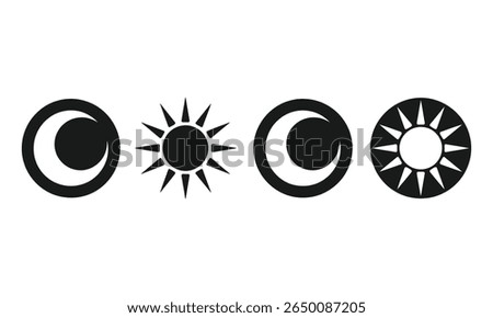 Collection featuring sun and moon icons, presenting contrasting elements. Ideal for designs that symbolizes the balance between day and night on white background.