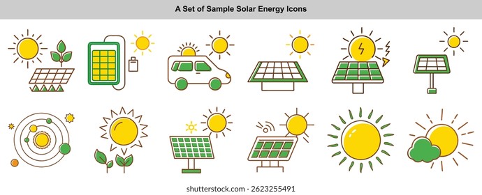 Collection featuring suns, solar panels, a car, and a battery, crafted with flat design and line icon aesthetics. Ideal for themes related to sustainable power and eco-friendly solutions.