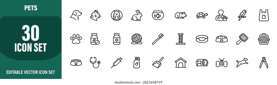 Collection featuring thirty distinct line art icons representing various pets icons  on white background