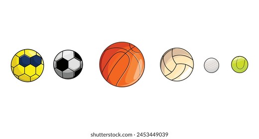 Collection featuring a variety of balls used in popular games. Soccer, basketball, tennis and golf. Sports-themed designs. 