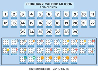 Collection of february calendar icons with editable symbols for time management tasks