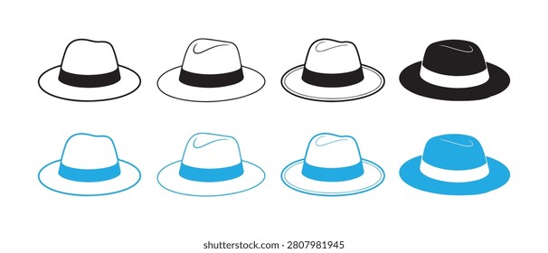 Collection of fedora hat icons featuring linear and solid vector designs for stylish headwear.