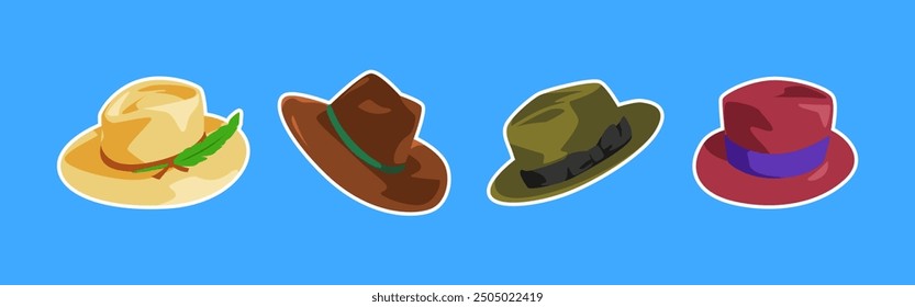 Colección de sombrero fedora, panama con estilo plano. Aislado sobre fondo azul. Ilustración vectorial.