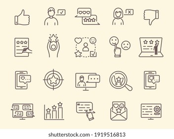 Collection of feedback icons, customer opinion or review, marketing research, product review. Set of outline flat illustrations isolated on white background