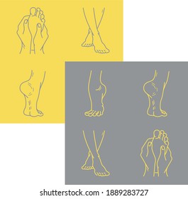 Collection of feet icons isolated on a contrasting background. Yellow and gray  barefoot, bare, barefooted, shoeless vector outline icons set 