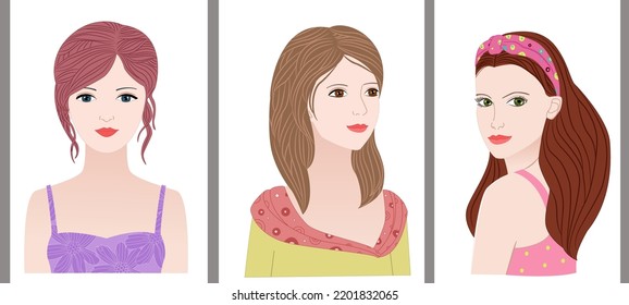 collection female avatars  pretty lady and elegant hairstyle  nice smiling girl looking away  young woman and green eyes in pink headband looking over her shoulder  brunette in polka dot sundress