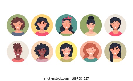 Collection of female avatars in a round icon, communication, people. Vector illustration in flat style.