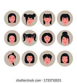 Collection Of Female Avatars. Various  Icons. Asian People. Cute Cartoon Character. Vector Illustration.