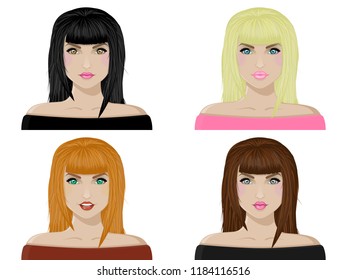 collection of female avatars. women's faces with different hair color, blonde, brunette, brown hair, and red hair. cute smiling girls. vector illustration.