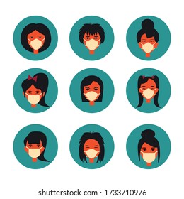 Collection Of Female Avatars. Young Women In Masks. Virus Protect Icons.  Asian People. Cute Cartoon Character. Vector Illustration.