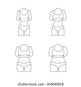 Collection of female body types. Set of thick and thin figures. Thin line icons. Vector illustration. Flat style design