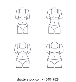 Collection of female body types. Set of thick and thin figures. Thin line icons. Vector illustration. Flat style design