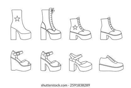 Collection of female boots and sandals on white background.