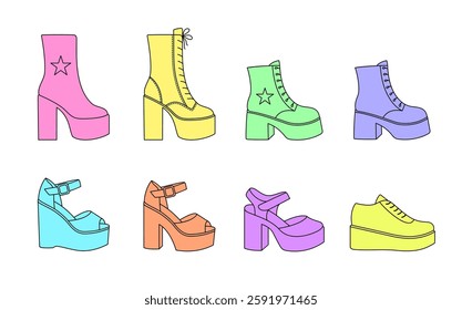 Collection of female boots and sandals on white background.