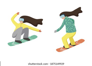 Colección de personajes de caricaturas femeninas que realizan actividades de invierno. Grupo de mujeres vestidas con snowboard en ropa exterior. Snowboarders montando y saltando. Ilustración vectorial al estilo de las caricaturas planas.