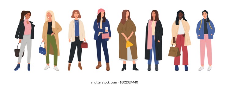 Collection of female characters dressed in trendy fashion clothes. Set of fashionable cute girls in clothes for any cool season. Beautiful stylish girls in trendy clothes. Flat Vector Illustration.