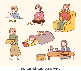 Collection of female characters eating tangerines in the comfort of their home. A cute cat is with you. flat design style vector illustration.