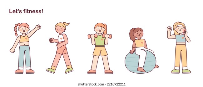 A collection of female characters exercising. flat vector illustration.