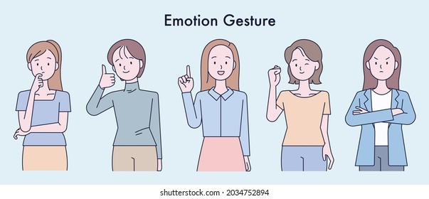 A collection of female characters expressing various expressions with their hands. outline simple vector illustration.