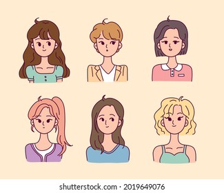 A collection of female characters upper body with various hairstyles. flat design style minimal vector illustration.