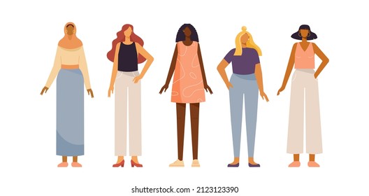 Collection of female characters. Young men in casual clothes. Multinational group of people: African American, Arab, European. Vector illustration, isolated on white background. 