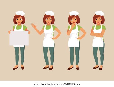 Collection female chef in various poses. Vector illustration