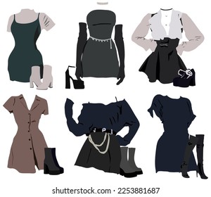 Collection of female clothes concept.	