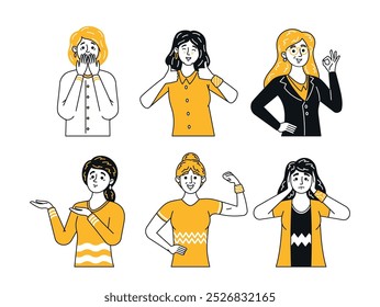 Collection of Female Doodle Characters Showcasing A Range Of Emotions And Gestures. Image Highlights Emotional States