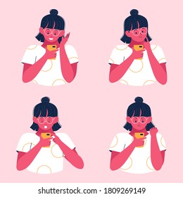 Collection of Female entrepreneur or businesswoman reads message on smartphone with different expressing emotions and reaction to information concept when using mobile phone vector illustration