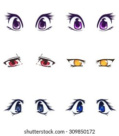 Collection of female eyes and eyebrows of different shapes, different colors