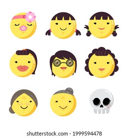 Colección femenina cara a cada edad emoji, bebé, adulto, viejo y muerto.