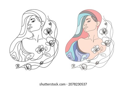 Collection of female face, one woman is drawn in different styles, cartoon, sketch and outline, line contour art.Abstract beautiful woman with long hair and flower branches, vector illusionstration