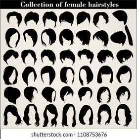 Collection of female haircuts and hairstyles on a white background