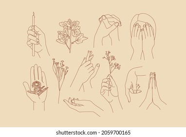 Collection of female hands and flowers. Line drawings. Contour illustrations. Bohemian prints. Femininity and flora. Template for use in the design of cosmetics, packaging.