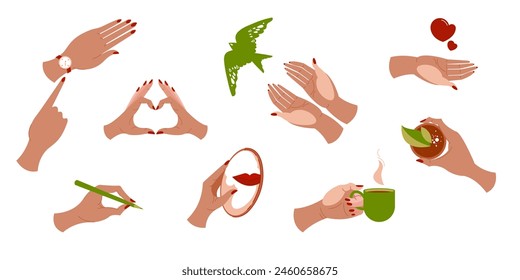 Collection of female hands. A hand holds a mirror, points to a watch, shows a heart, holds a mug, writes with a pencil. Vector illustration.