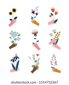 Collection of Female Hands Holding Bouquets of Blooming Flowers, Elegant Decorative Floral Design Elements Vector Illustration
