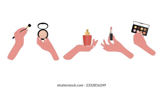 Collection of female hands holding different cosmetic product. Set of cosmetic products such as powder, cream, makeup tools, lipstick, brush, foundation, mascara, face serum and perfume.