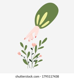 Collection of female hands holding flowers. Elegant female hands holding bouquets or bunches of blooming flowers. Floral decorative design elements isolated on background. Flat vector illustration