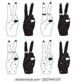 Collection of female hands in peace sign with stars and rings, vector art, white background