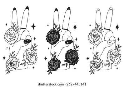 Collection of female hands with roses and stars, holding peace sign, vector art, white background